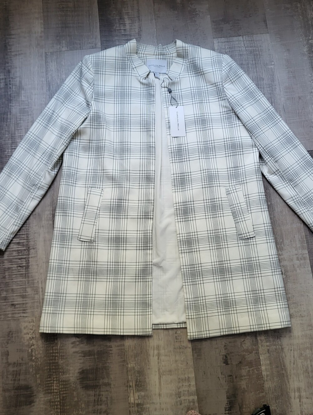 Carolina Belle Womens XL Plaid Open Front Coat Jacket White Black Longline NWT